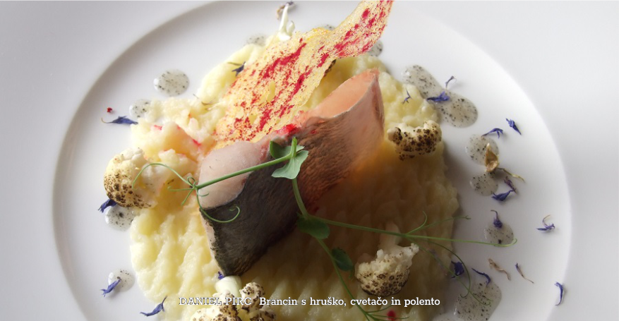 Brancin s hruško, cvetačo in polento